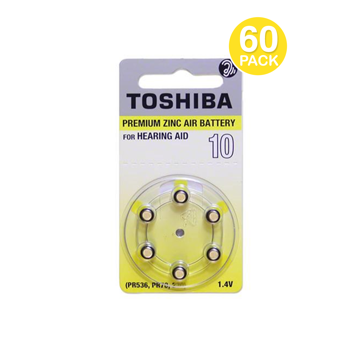Toshiba Hearing Aid Batteries, Size 10, Dial Card/6, 60 Pcs