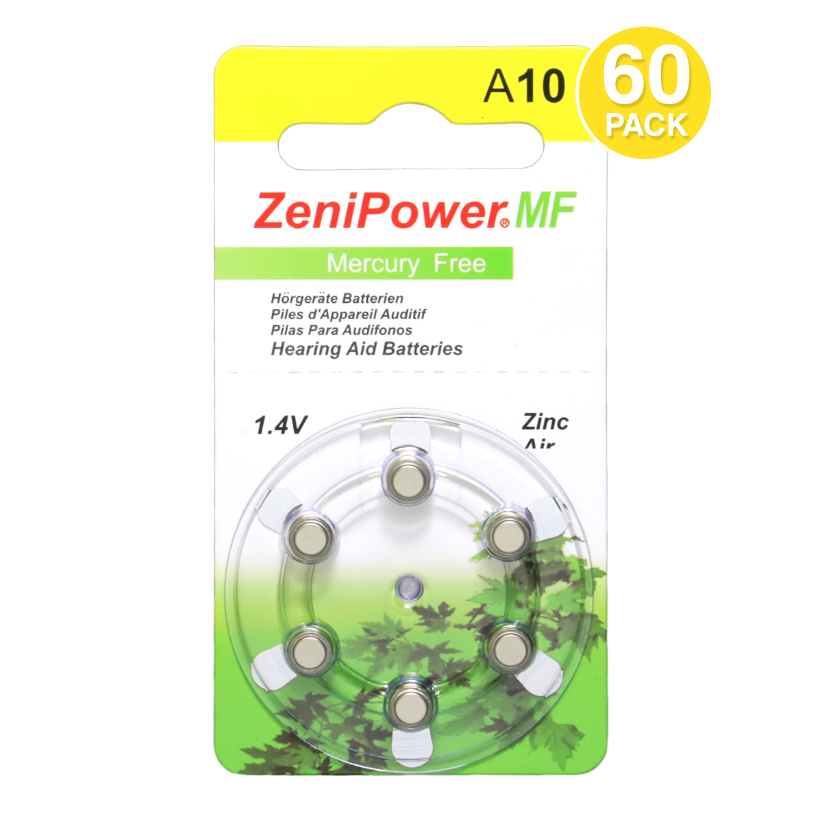 ZeniPower Size 10 Hearing Aid Battery, Mercury-Free (60 pcs.)